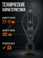 Блок монтажный однорольный с  ушком TOR 1 т с откидной щекой, TOR Industries, Блоки и полиспасты